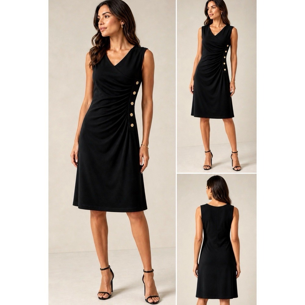 NEW! Lauren Ralph Lauren Sheath  Sleeveless Ruched Dress Buttons Black SZ 10